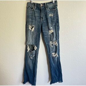 Holister High Rise Slim Straight Vintage Stretch Distressed Jeans with Cutoff En